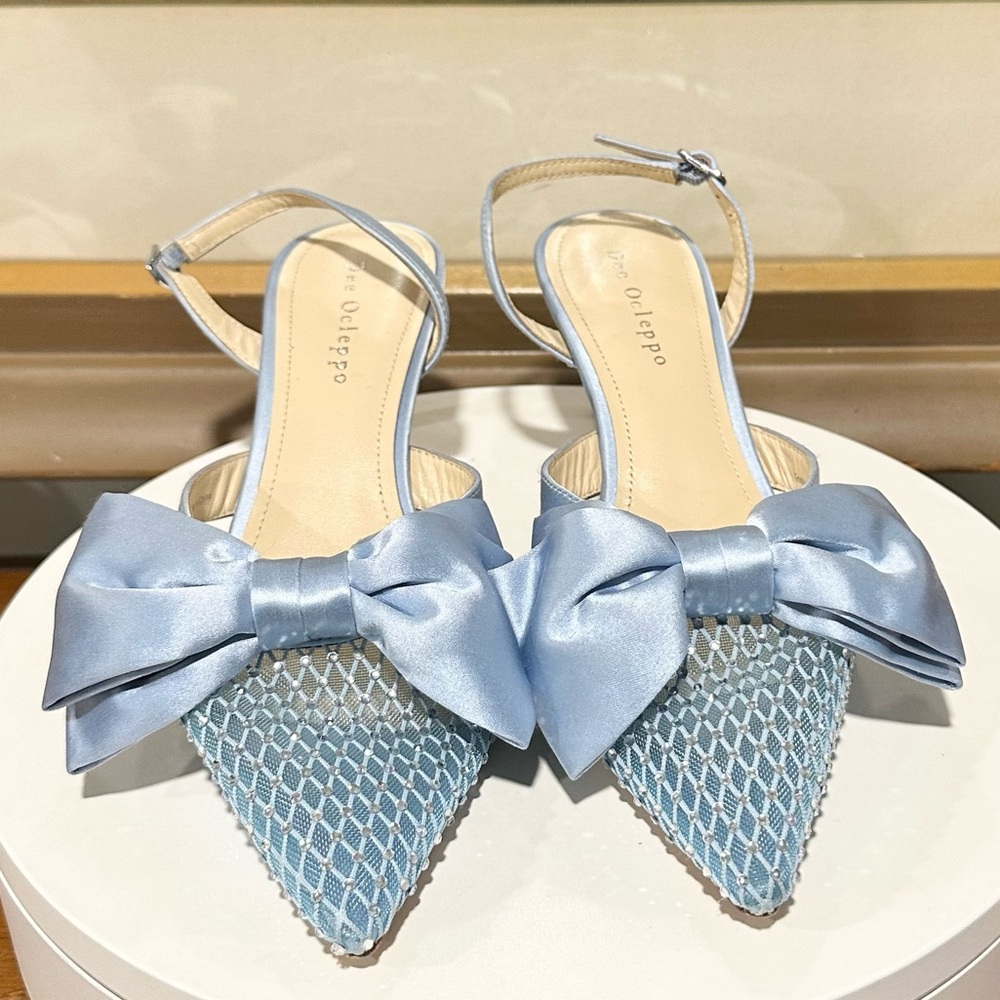 🌹DEE OCLEPPO🌹Brazil Satin Bow Slingback Pumps In Blue Size: 6.5 - Picture 7 of 12
